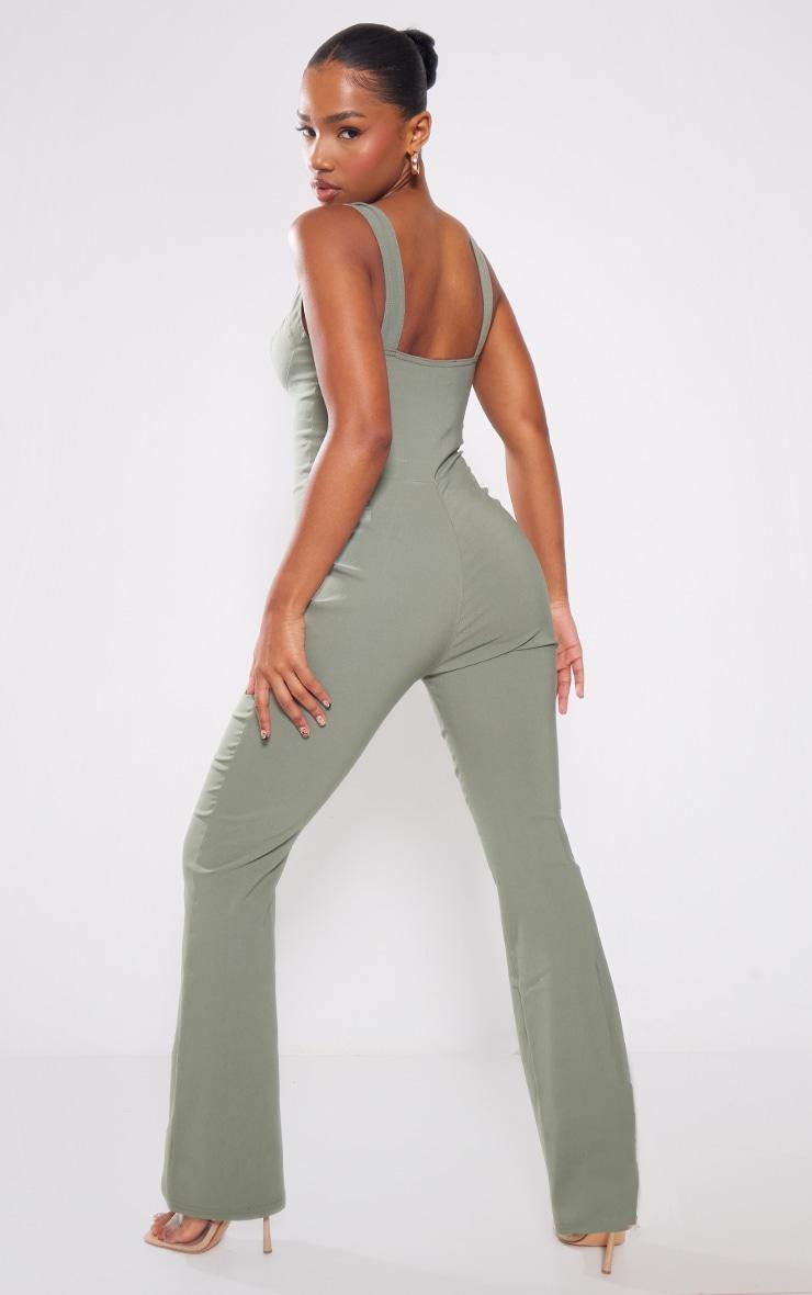 Khaki Stretch Woven Plunge Strappy Jumpsuit Product Image