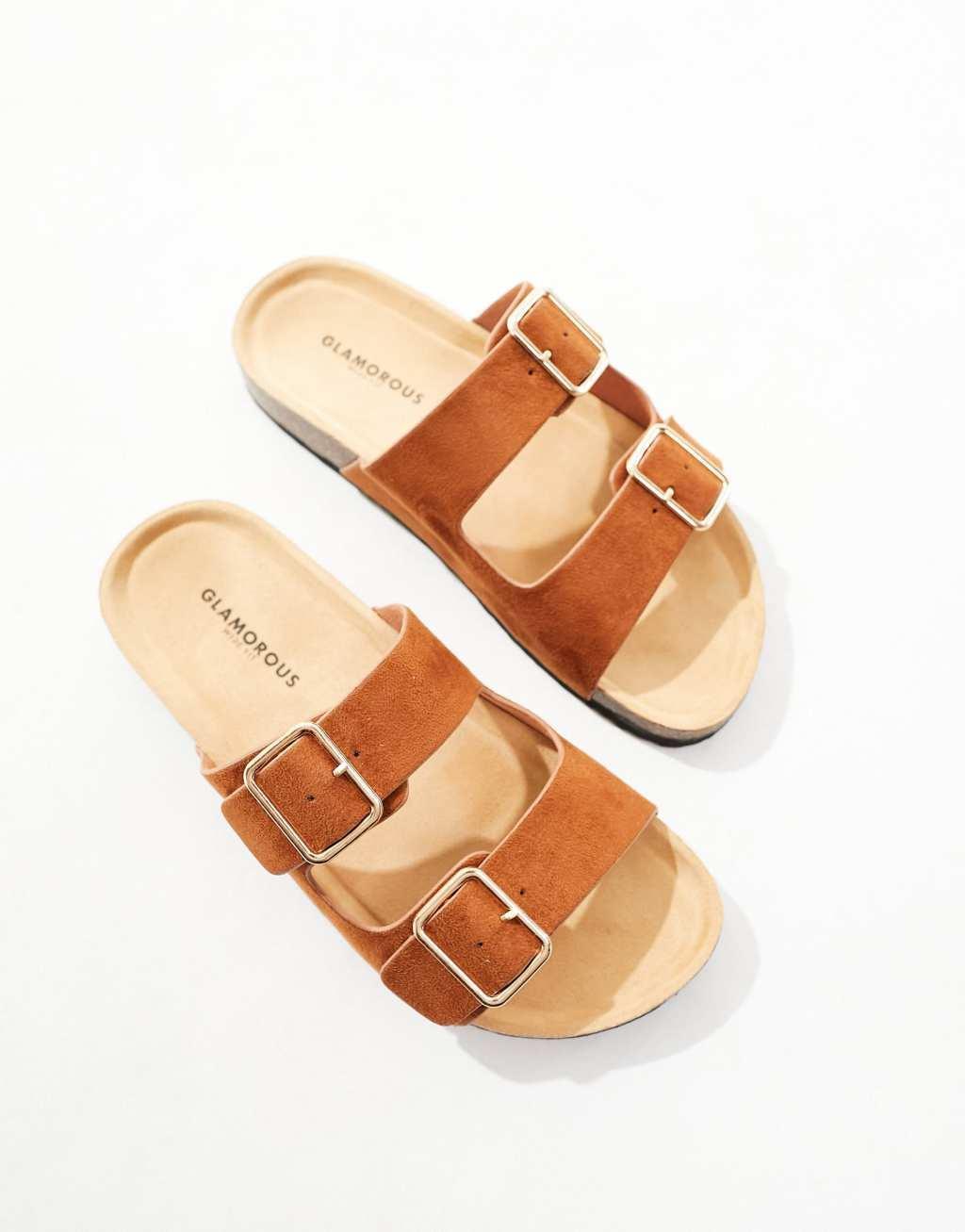 Glamorous Wide Fit double strap footbed sandals in tan Product Image