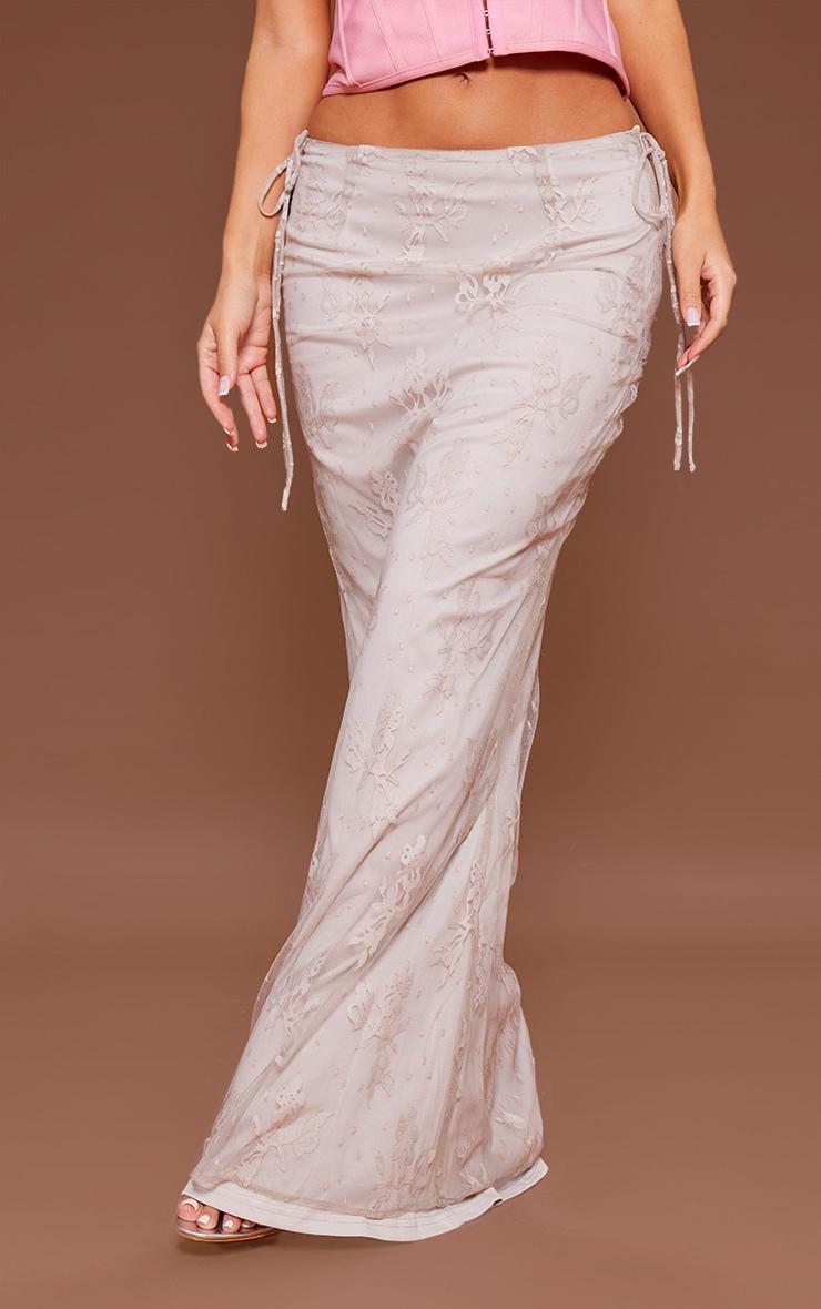 Cream Floral Lined Mesh Tie Side Low Rise Maxi Skirt Product Image