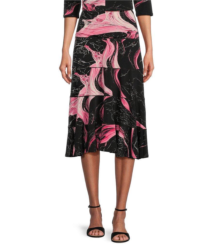 Eva Varro Knit Jersey Abstract Marble Line Print Ruffled 5-Tiered A-Line Midi Skirt Product Image