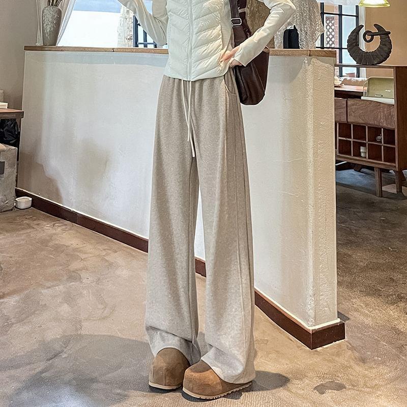 Drawstring Waist Plain Fleece-Lined Wide Leg Pants Product Image