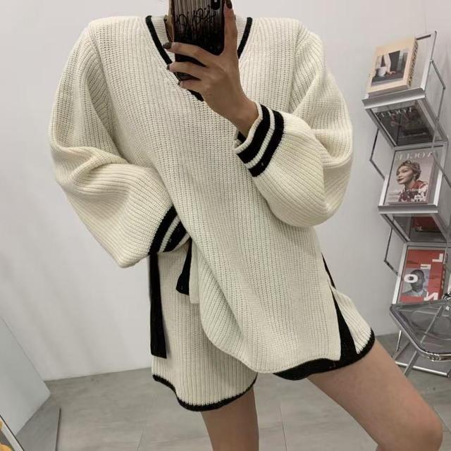 Set: V-Neck Striped Oversized Sweater + High Waist Shorts Product Image