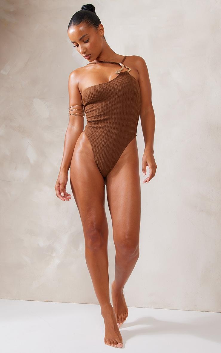 Brown Gold Trim Asymmetric Waffle Swimsuit Product Image