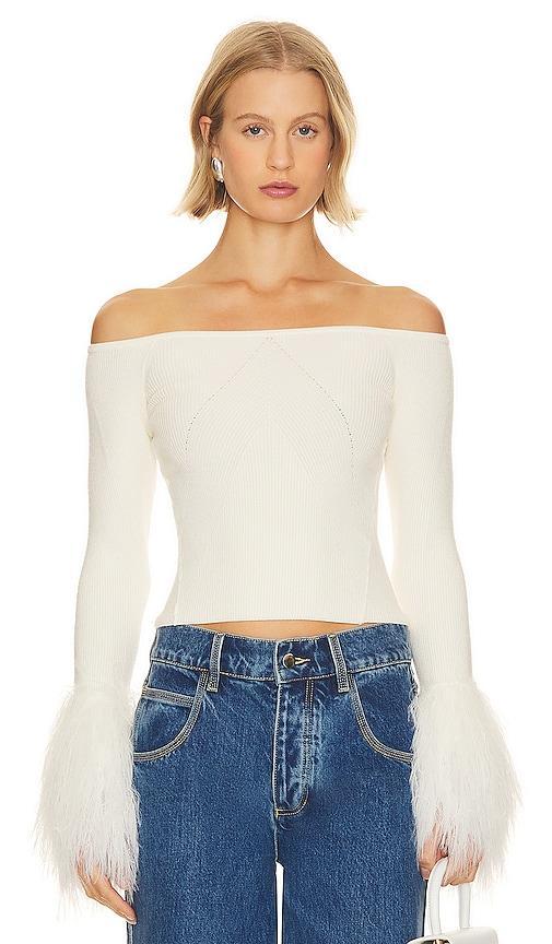 Free People Marilyn Faux Feather Trim Off the Shoulder Crop Sweater Product Image