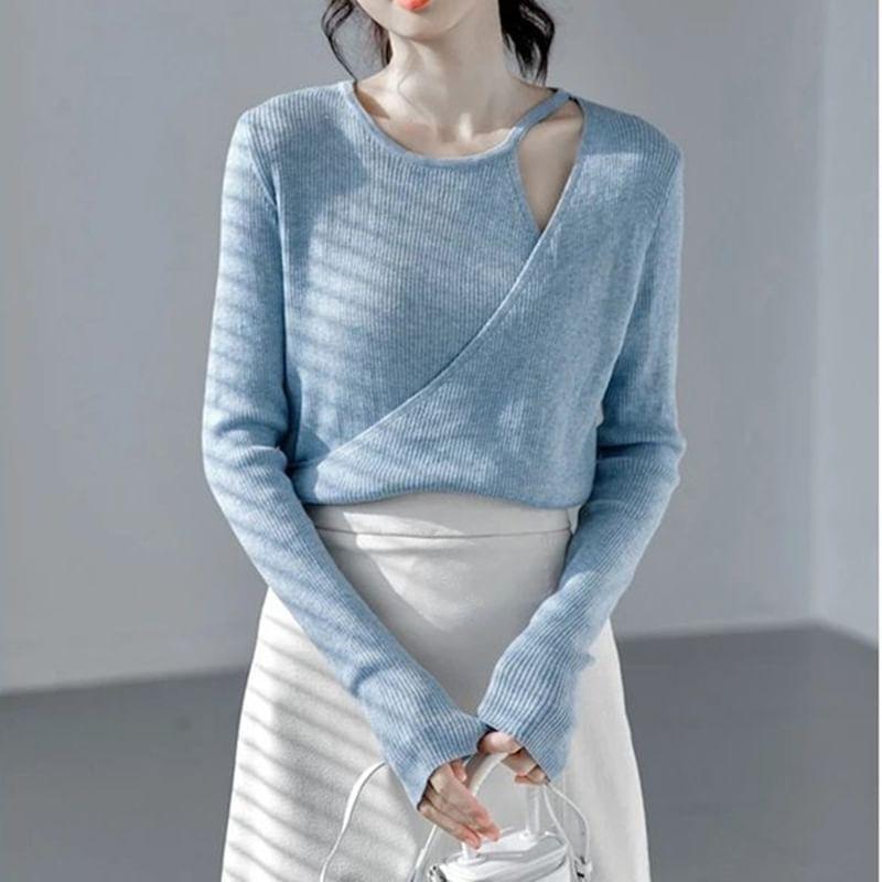 Asymmetrical Neck Plain Ribbed Sweater Product Image