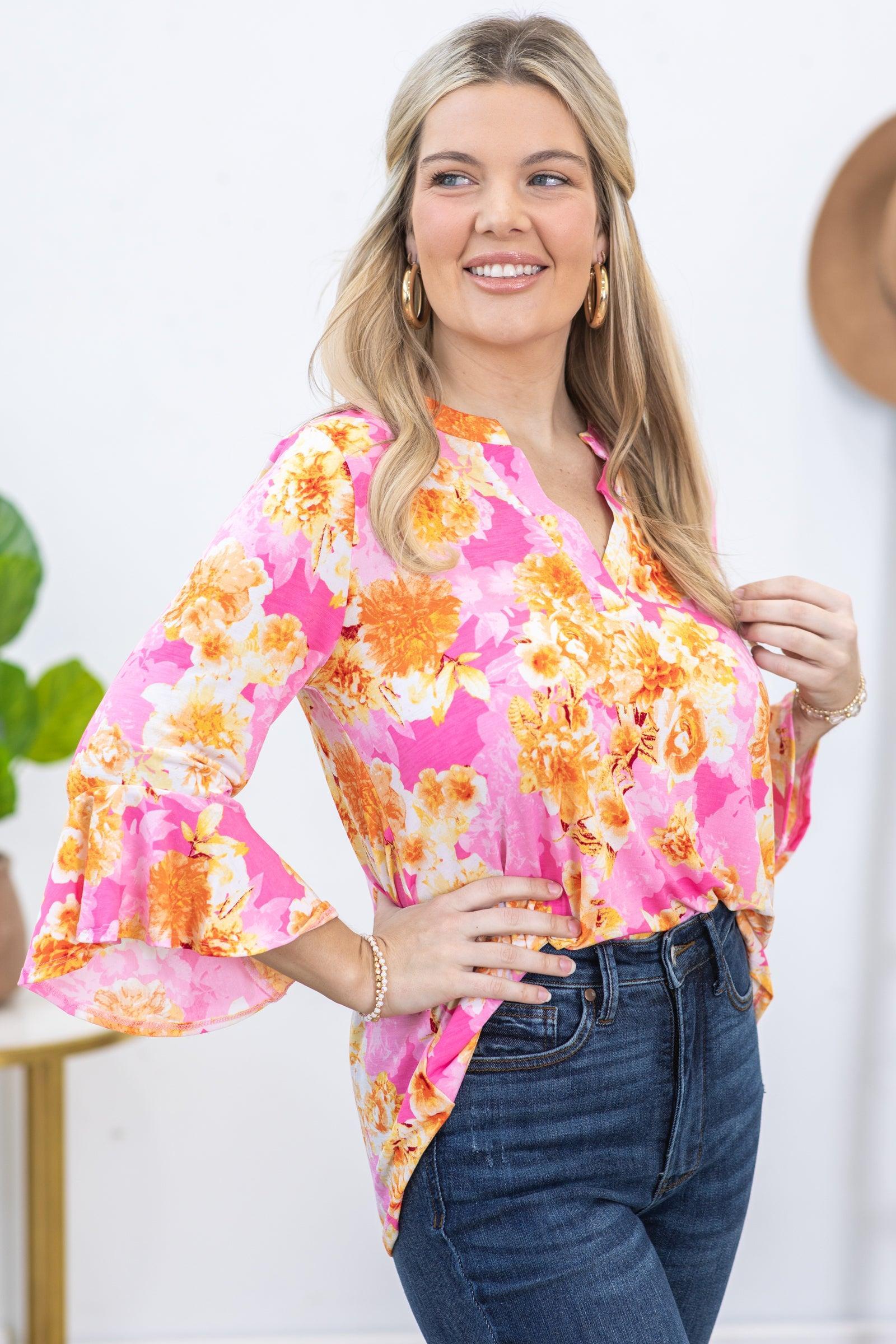 Pink Floral Flutter Sleeve Wrinkle Free Top Product Image