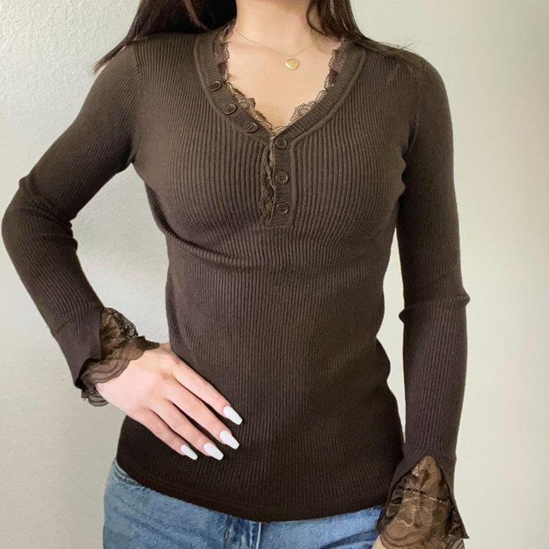 Long Sleeve Half-Button V-Neck Lace Panel Ribbed-Knit Slim-Fit Top Product Image