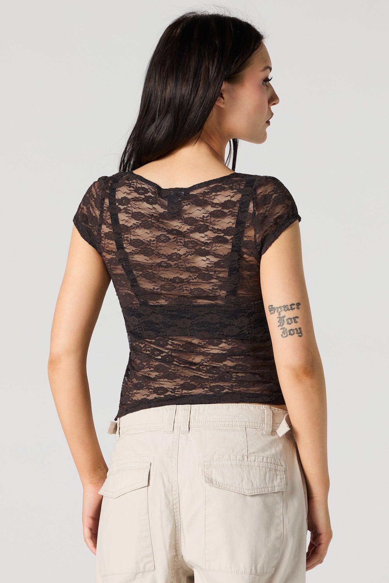 Sheer Floral Lace Scoop Neck Top Female Product Image