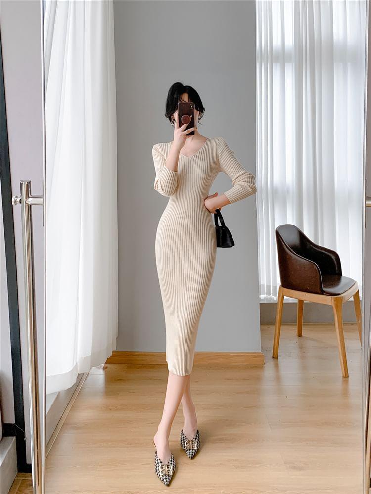 Long-Sleeve V-Neck Plain Ribbed Midi Sheath Knit Dress Product Image