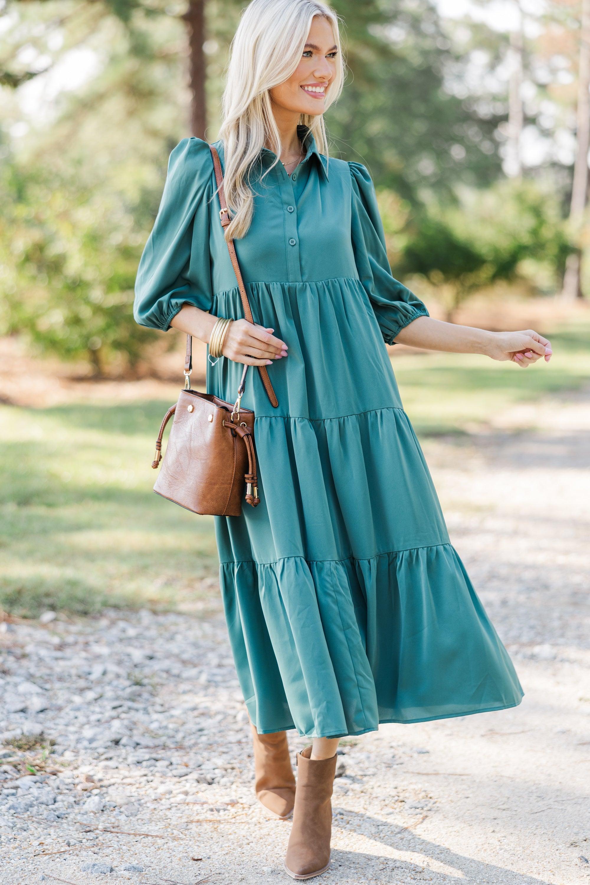 Love Found Sage Green Tiered Midi Dress Female Product Image