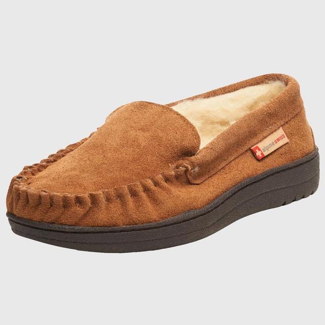 Alpine Swiss Yukon Mens Suede Shearling Slip On Moccasin Slippers Chestnut 10 M US Product Image