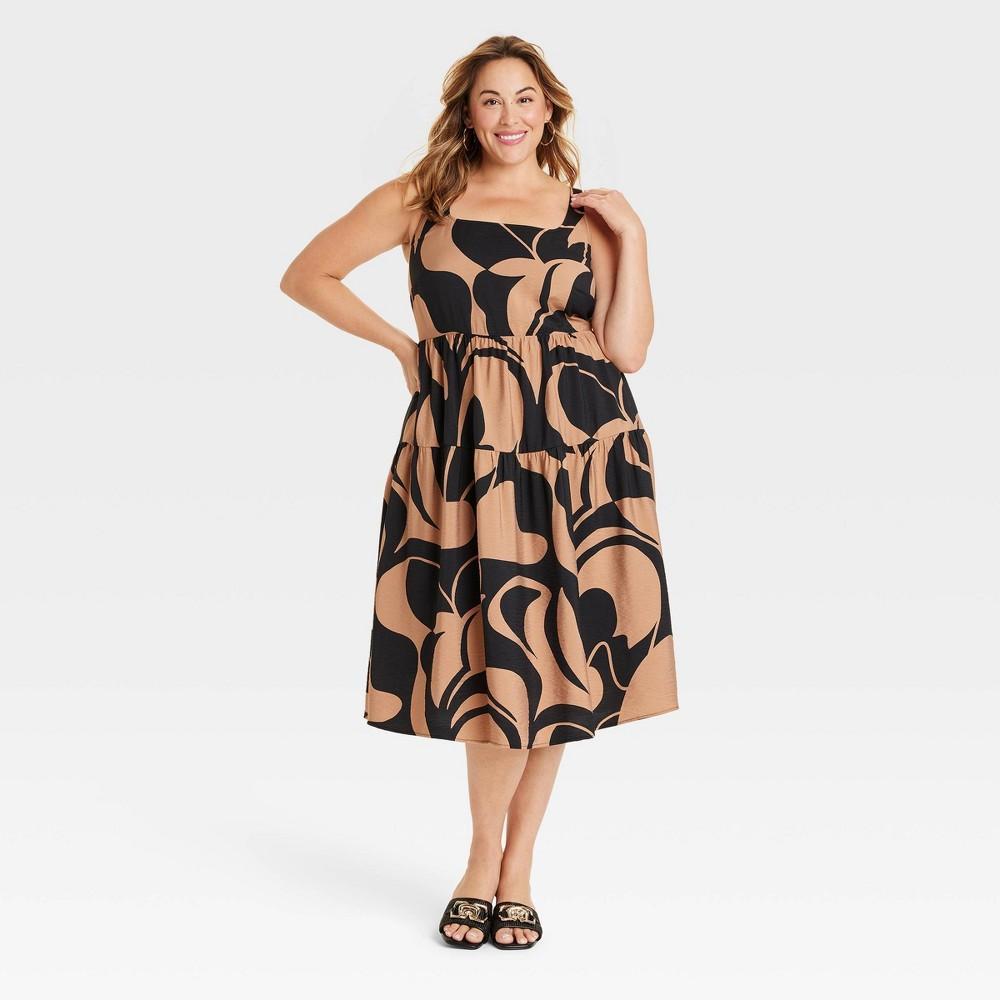 Womens Tiered Midi A-Line Dress - Ava & Viv Brown Abstract 4X Product Image