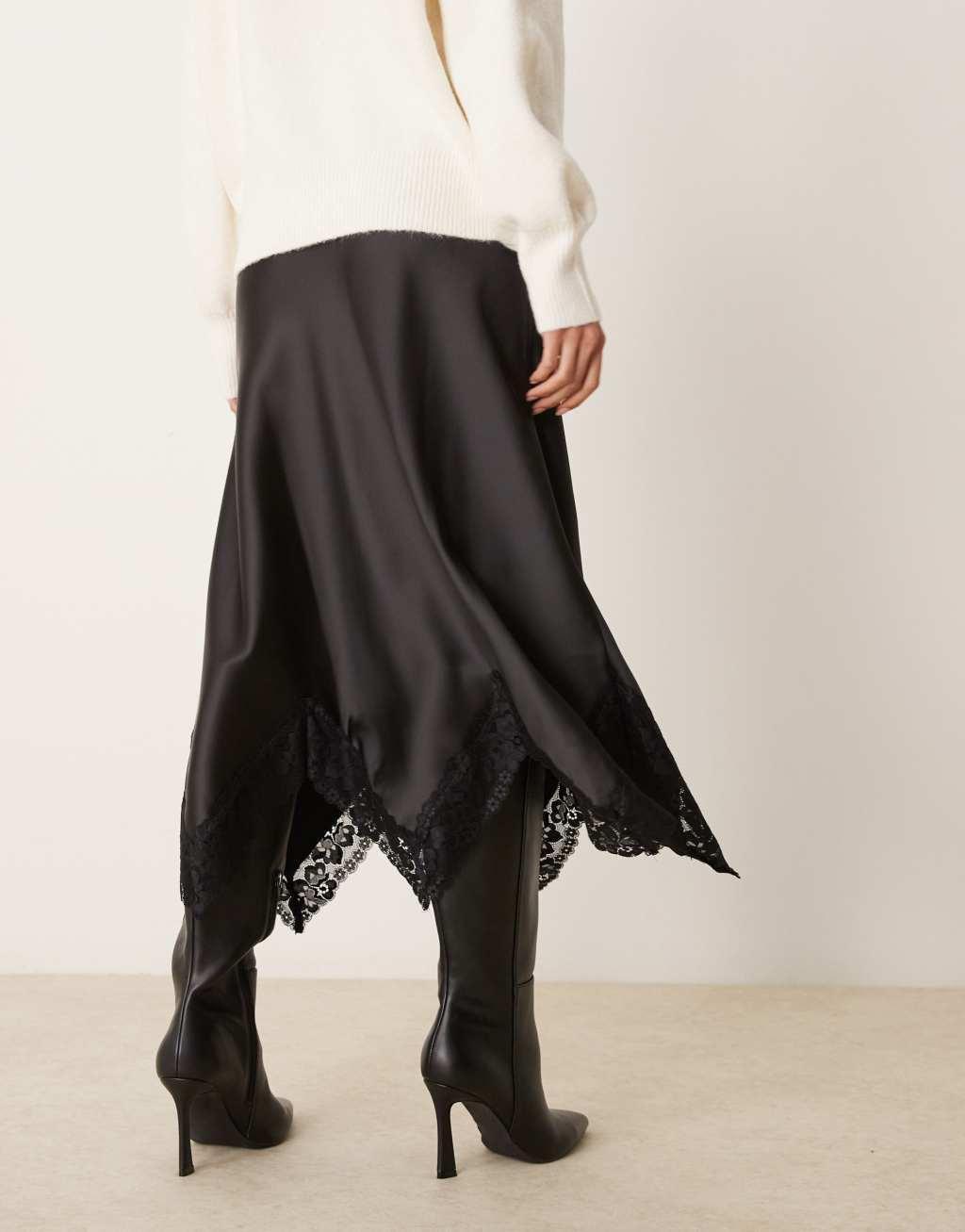 Miss Selfridge satin maxi skirt with trim in black Product Image