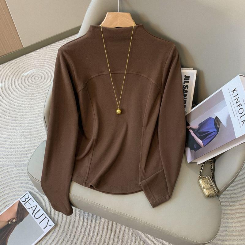 Long Sleeve Mock Neck Plain Panel Top Product Image