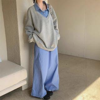 Mock Two-Piece Collar Melange Sweatshirt / Drawstring Waist Plain Wide Leg Pants Product Image