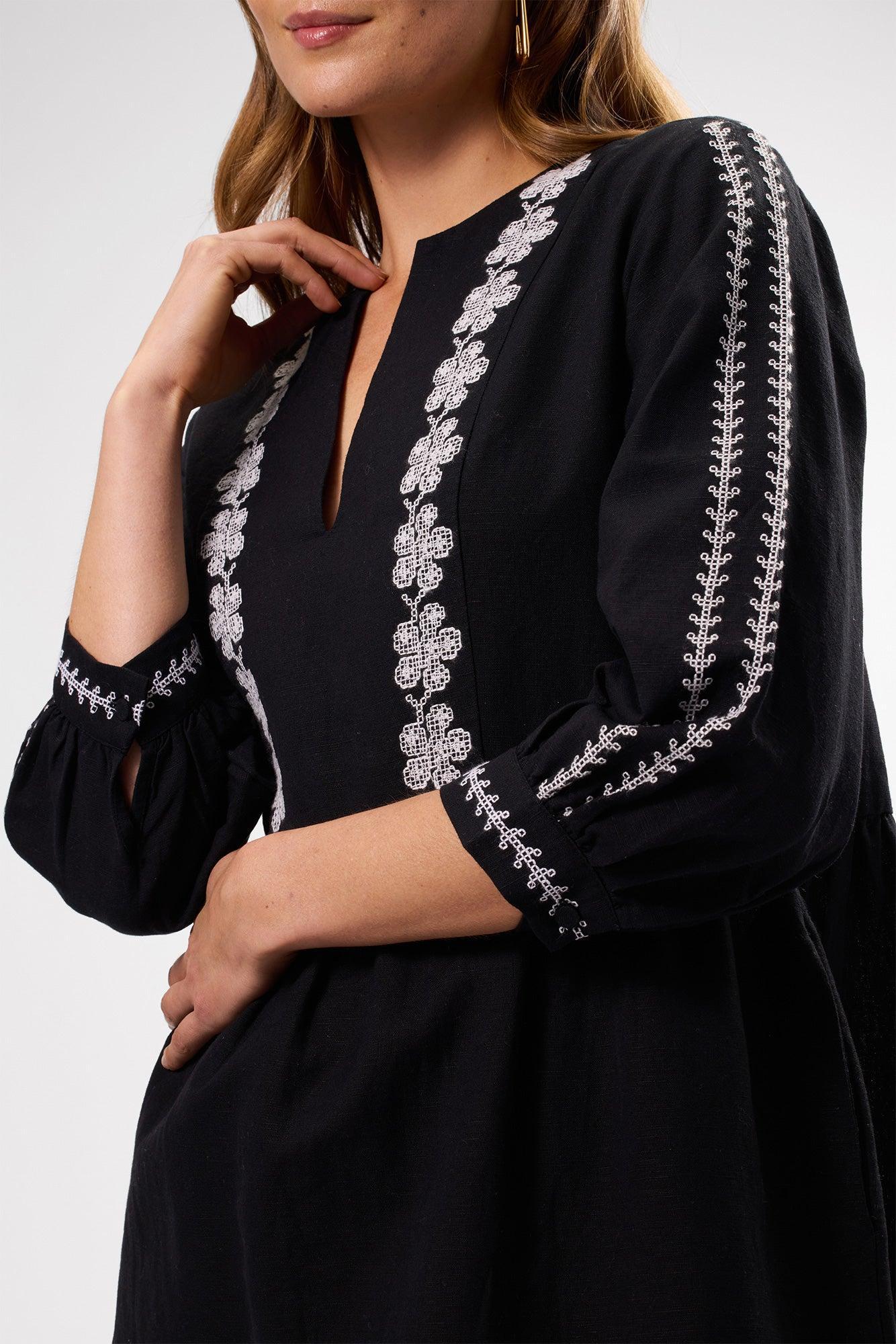 Placed Embroidery Dress - Black White Embroidery Product Image