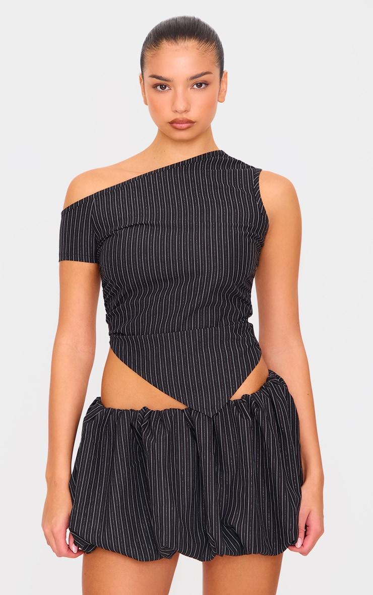 Black Tailored Woven Glitter Pinstripe Asymmetric Top Product Image