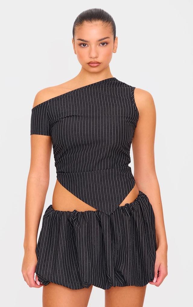 Black Tailored Woven Glitter Pinstripe Asymmetric Top Product Image