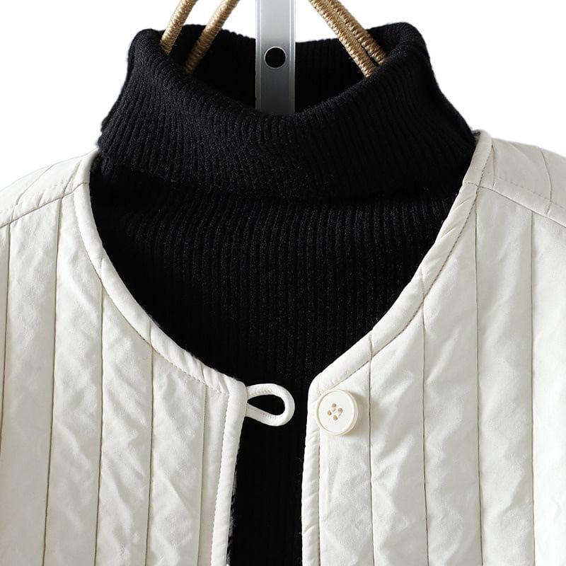 Round Neck Plaid Panel Padded Button Jacket Product Image