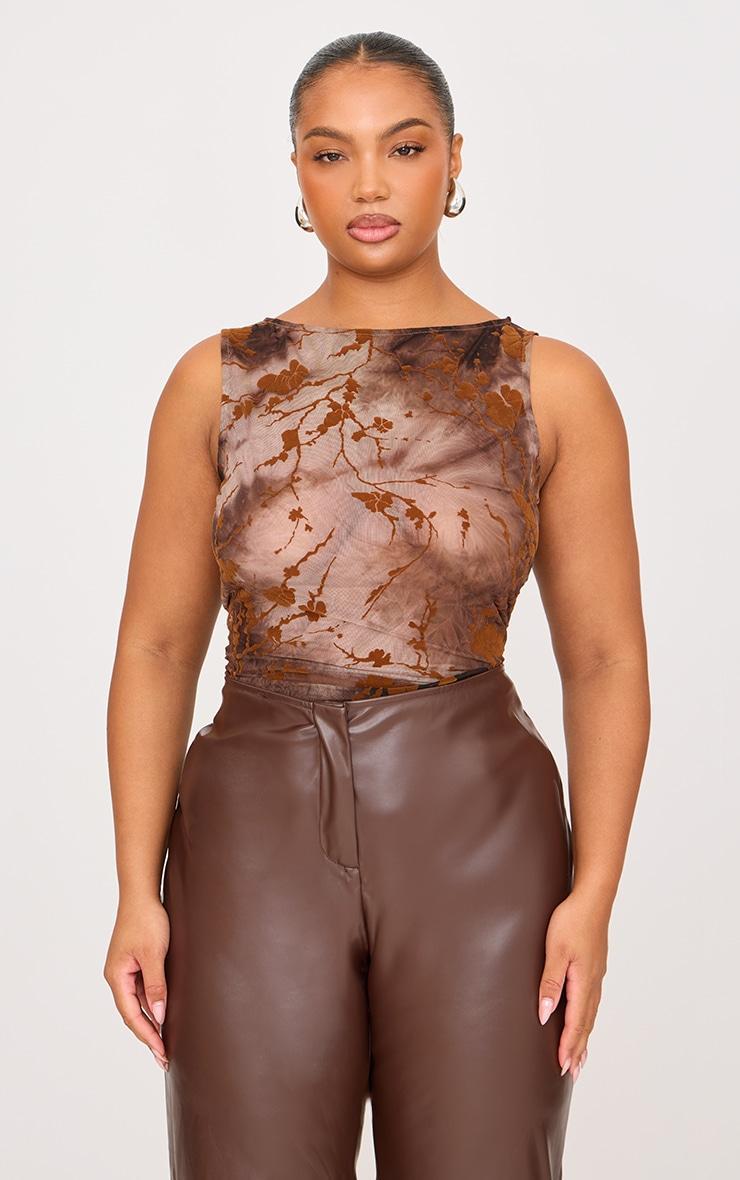 Plus Brown Devore Sleeveless Top Product Image