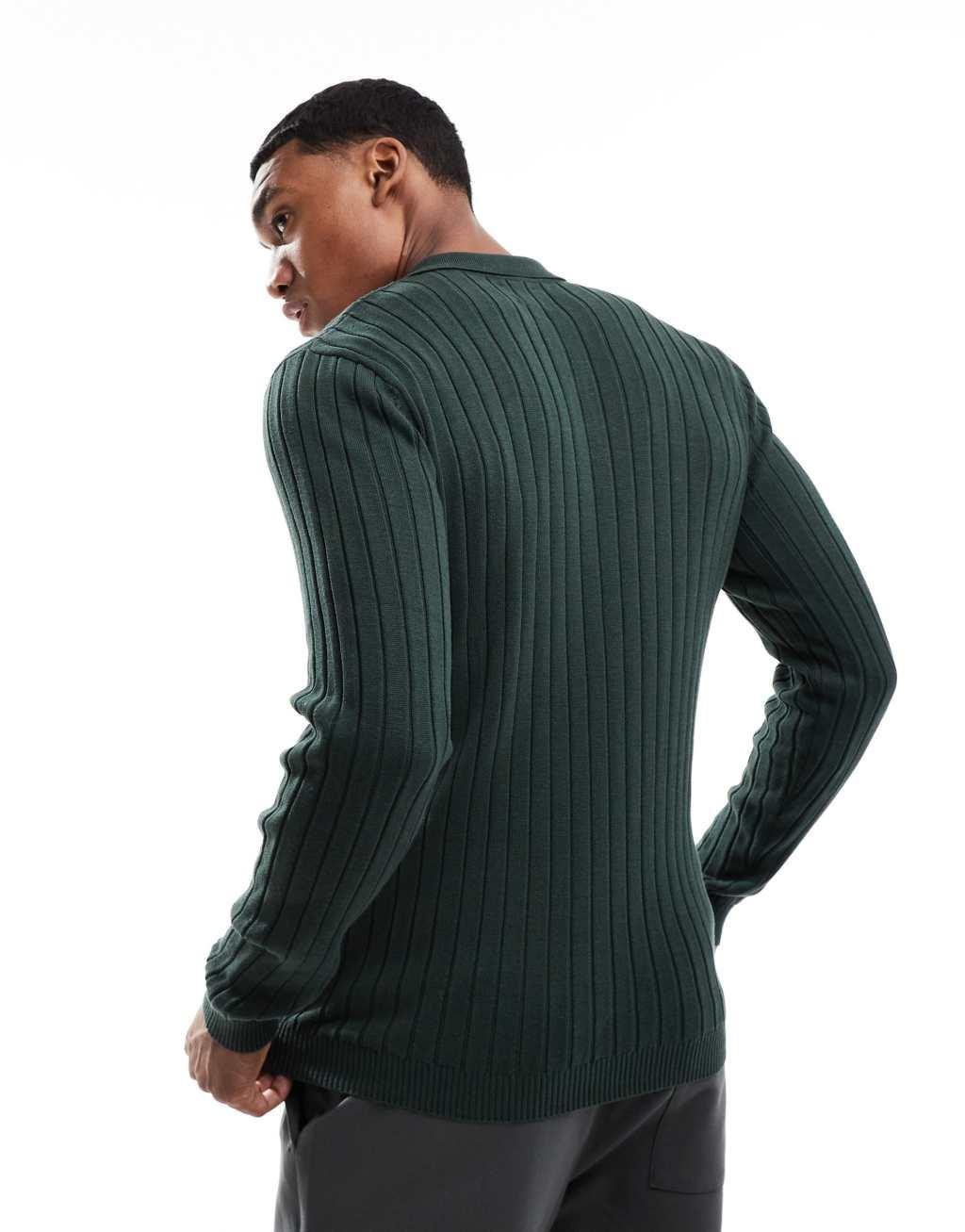 ASOS DESIGN essential muscle fit knit rib polo neck sweater in dark green Product Image