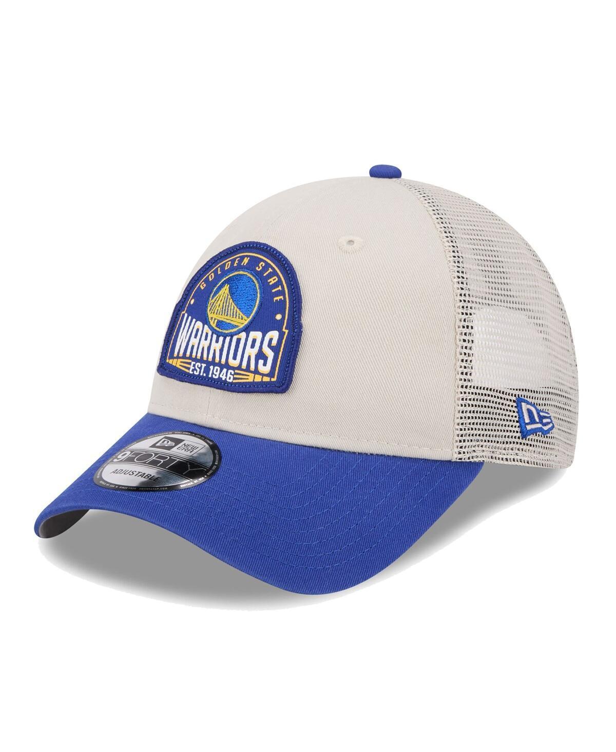 Mens New Era Khaki/Royal Golden State Warriors Throwback Patch Trucker 9FORTY Adjustable Hat Product Image