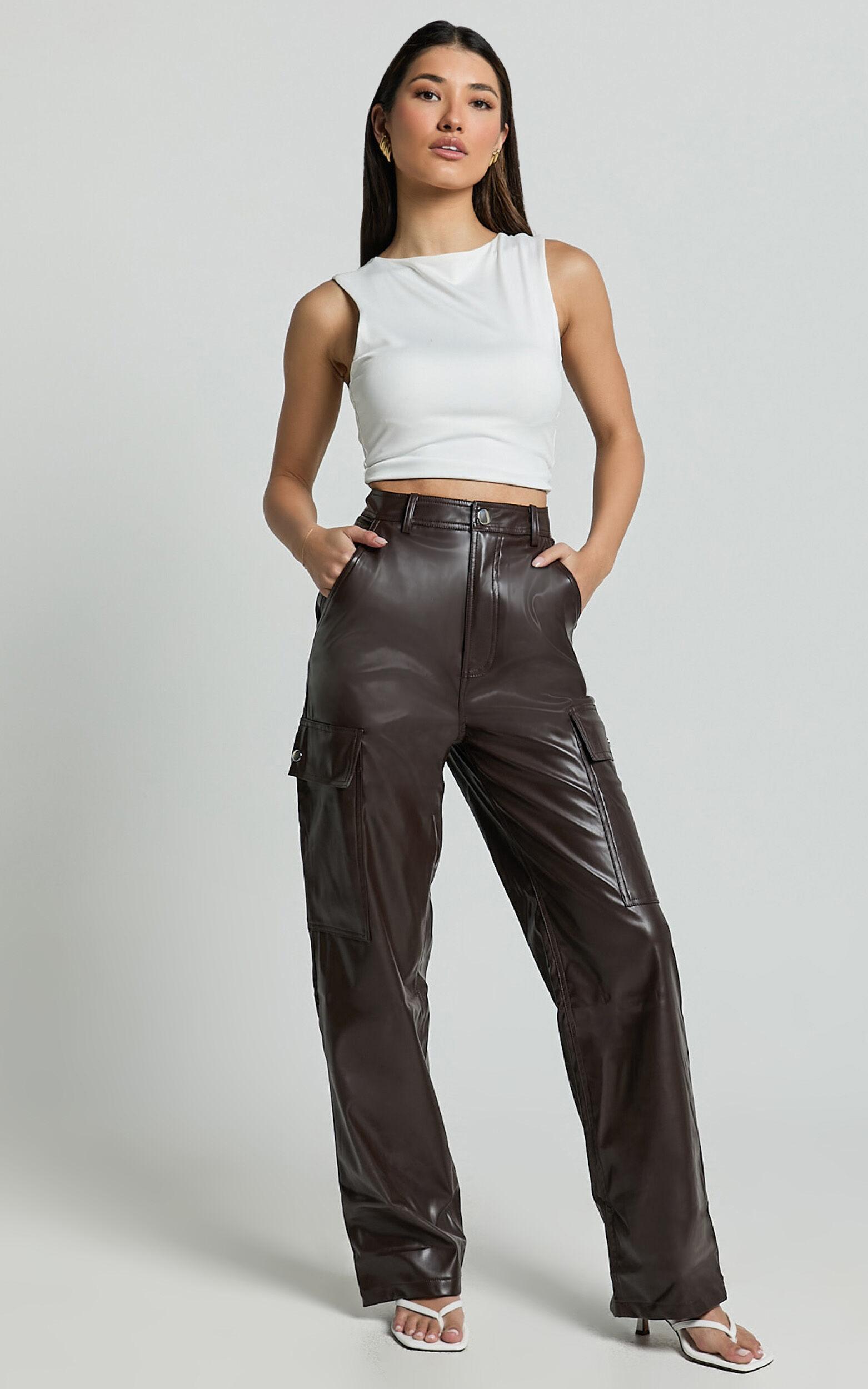 Elviera Pants - High Waisted Faux Leather Cargo Pants in Dark Chocolate product image