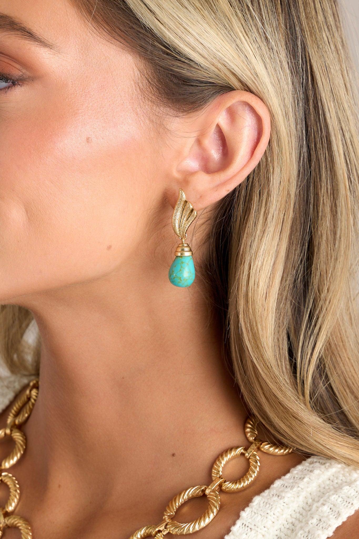 Winged Elegance Gold & Turquoise Drop Earrings Product Image