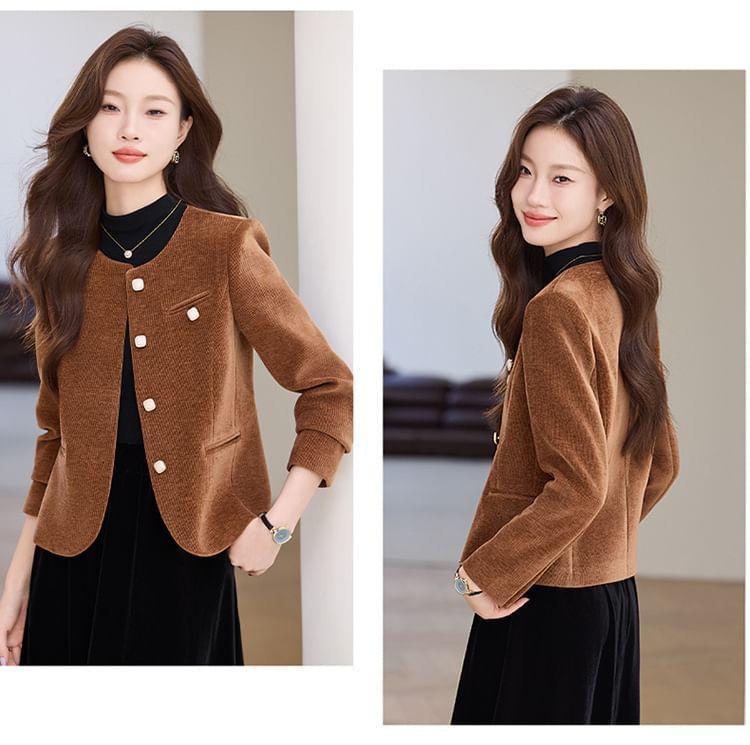 Round Neck Plain Single Breasted Jacket Product Image