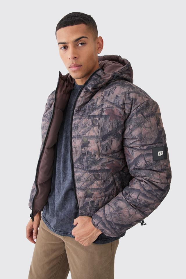 Mens Brown Reversible Camo Puffer Jacket, Brown Product Image