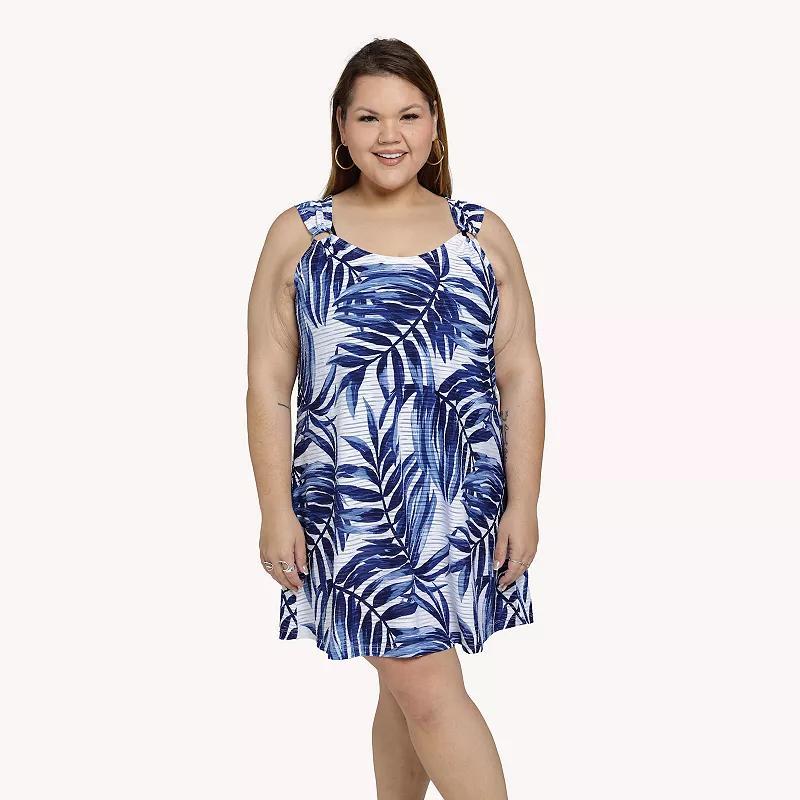 Plus Size Portocruz Palm Leaf Print Swim Cover-Up Ring Tank Top Dress, Womens Product Image