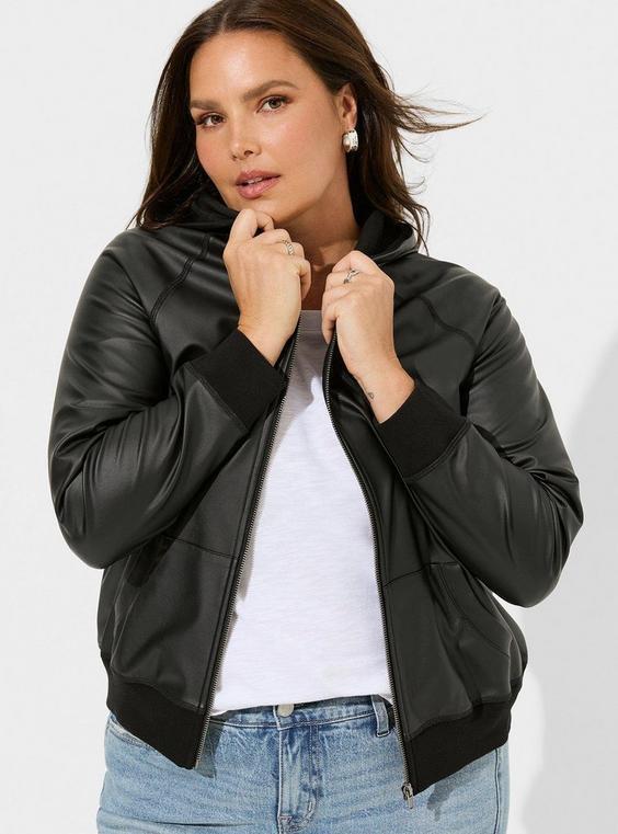 Faux Leather Raglan Zip Up Hoodie Product Image