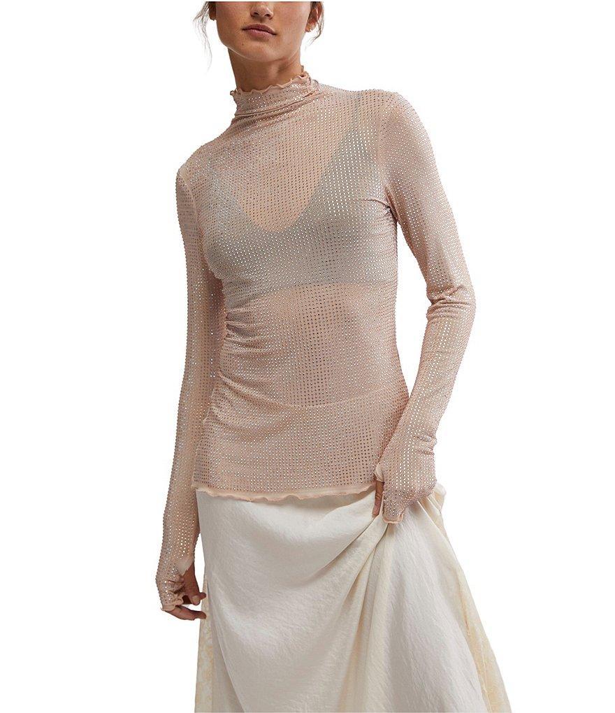 Free People Dance All Night Sheer Embellished Mesh Mock Neck Long Sleeve Fitted Top Product Image