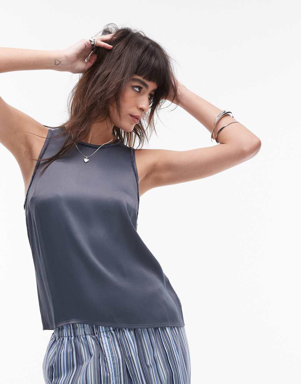 Topshop satin raw-edge racer cami top in charcoal - part of a set product image