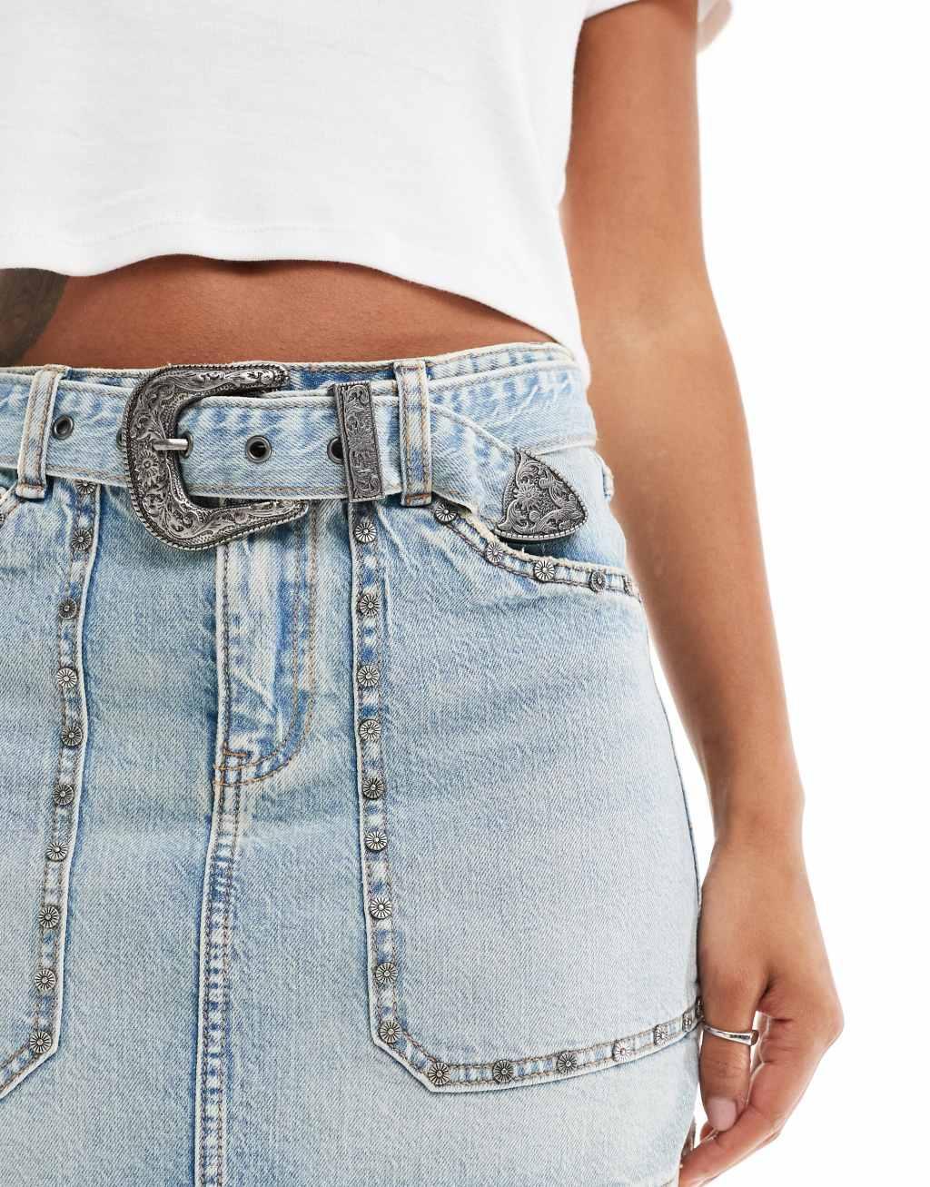 Stradivarius denim mini skirt with stud detail in medium wash blue Product Image