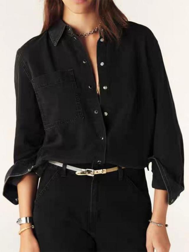 Long Sleeves Buttoned Solid Color Split-Joint Lapel Blouses&Shirts Tops Product Image