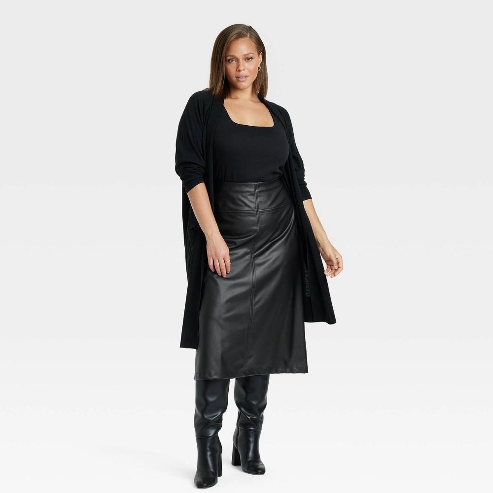 Women's Faux Leather Midi Skirt - A New Day™ Black 18 Product Image