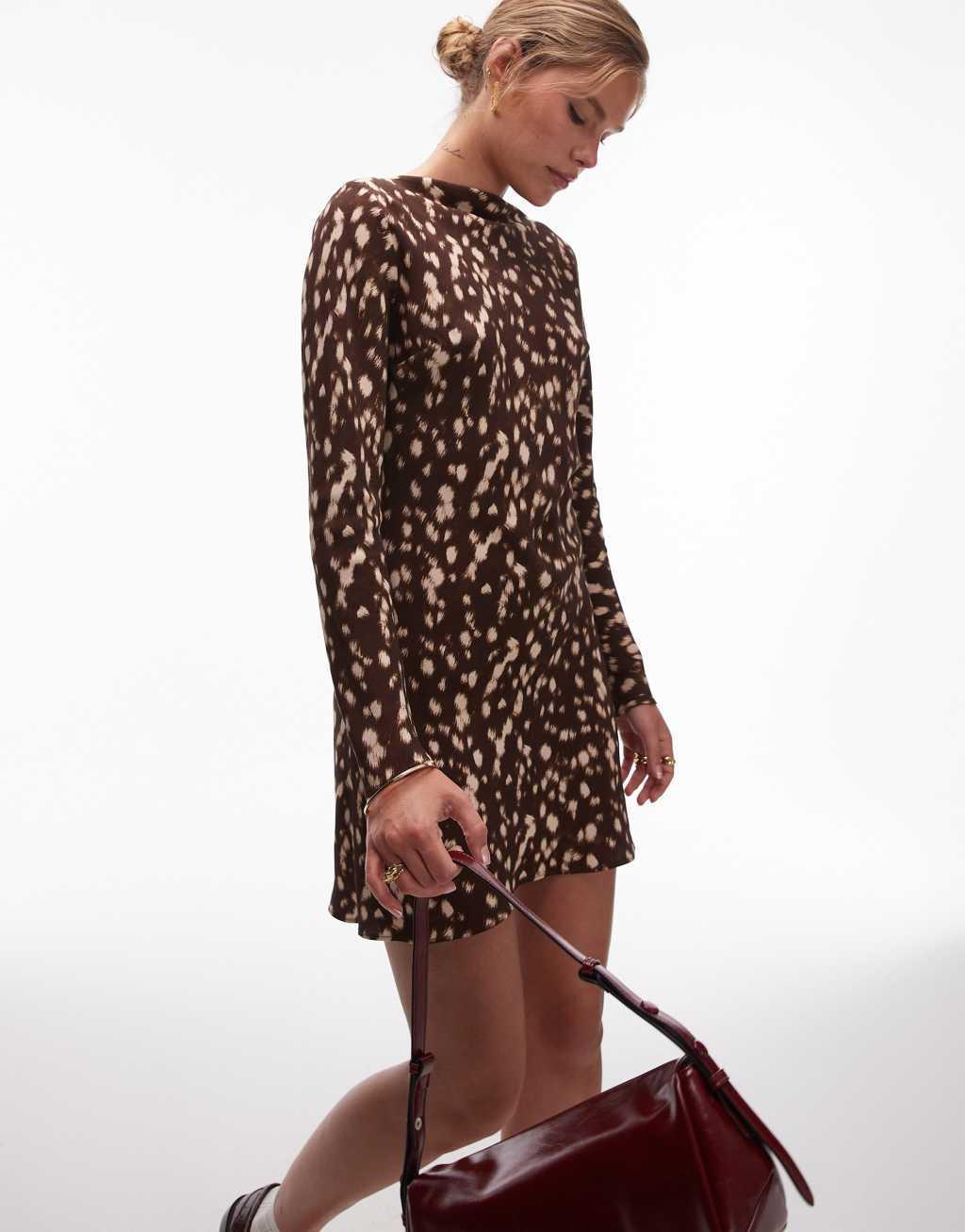 Topshop long sleeve slash neck mini dress in abstract animal Product Image