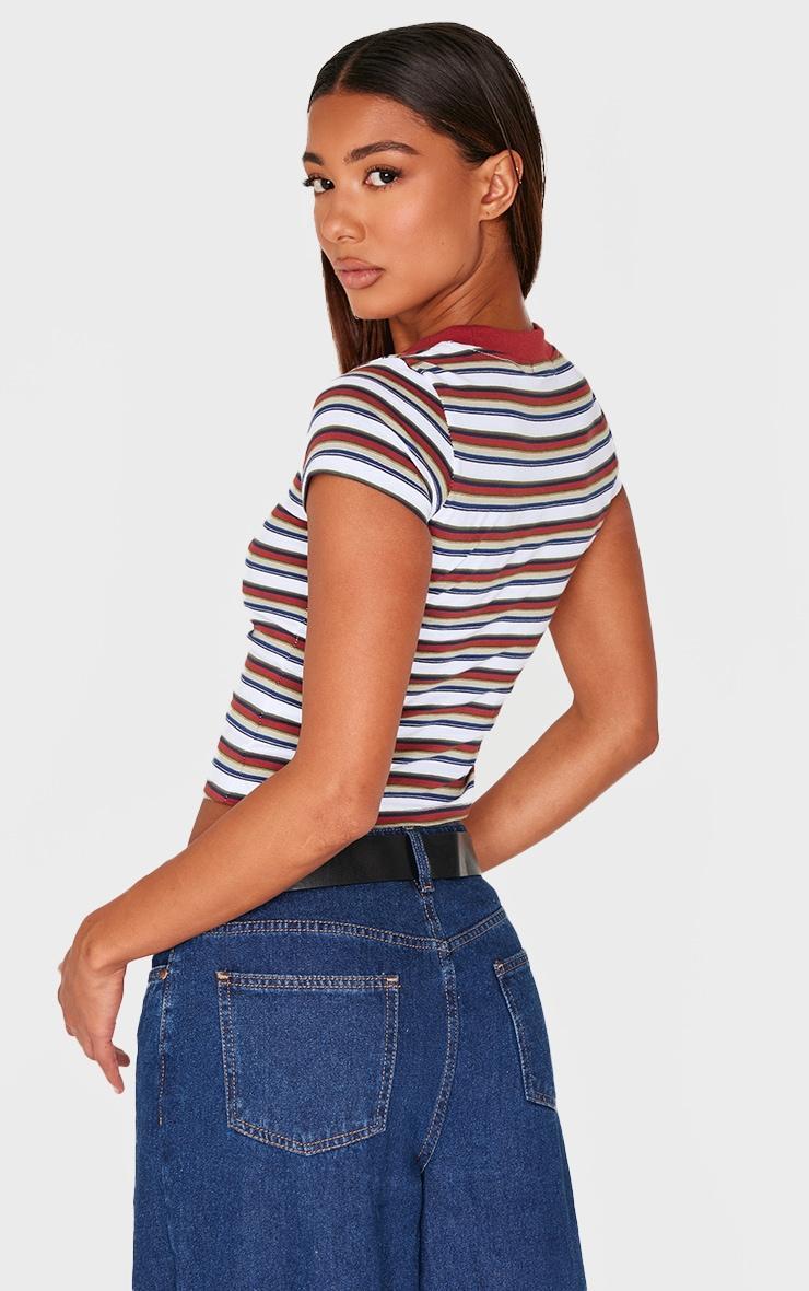  Burgundy Striped Contrast Collar Short Sleeve Top Product Image