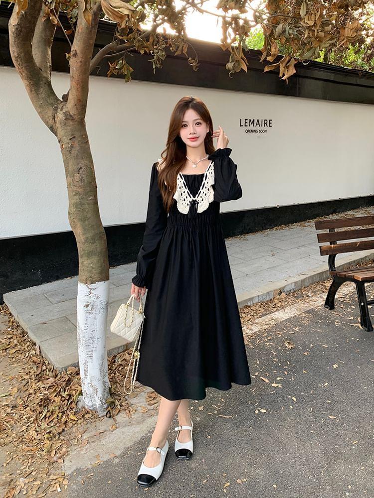 Long Sleeve Square Neck Lace Panel Midi A-Line Dress Product Image