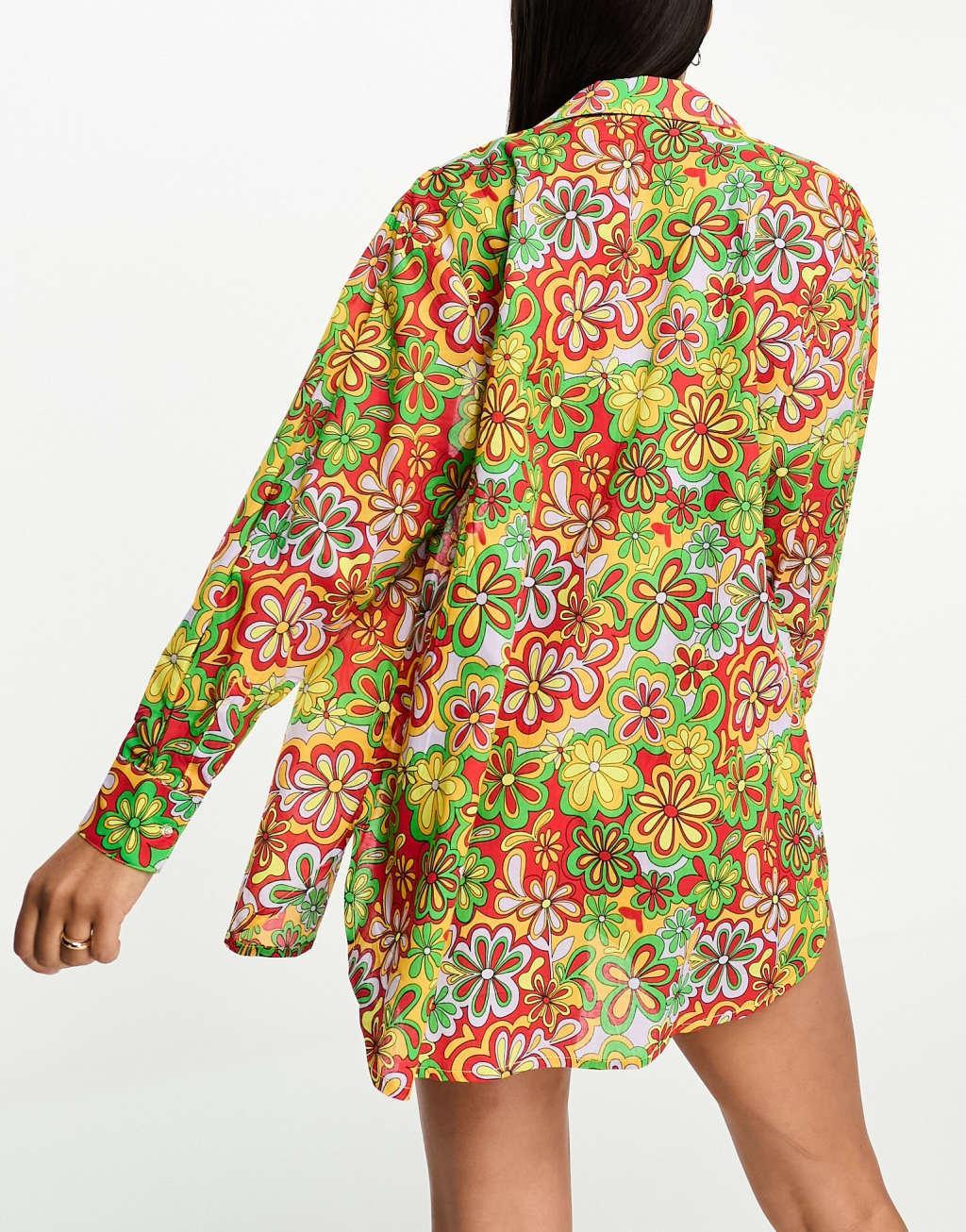 Only oversized beach shirt in bright 70s floral  Product Image