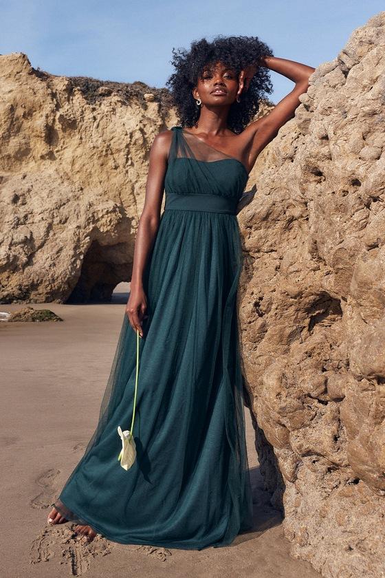 Radiant Entrance Emerald Green Tulle One-Shoulder Maxi Dress Product Image