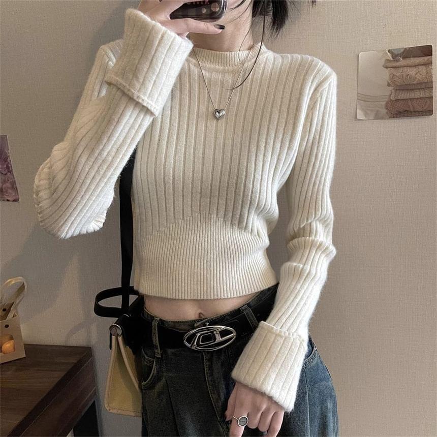 Round Neck Plain Ribbed Cropped Sweater Product Image