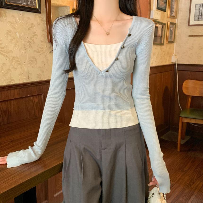 Long Sleeve V-Neck Mock Two Piece Ribbed Knit Top Product Image