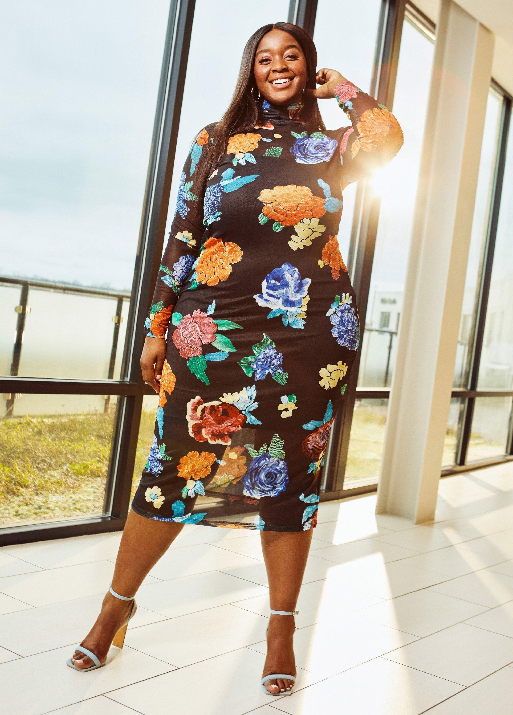 Floral Mesh Mock Neck Midi Dress Product Image