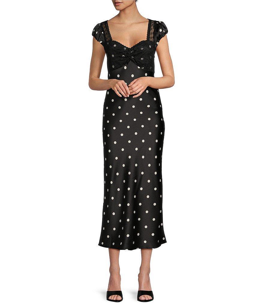 Midnight Doll Cap Lace Sleeve Satin Polka Dot Dress Product Image