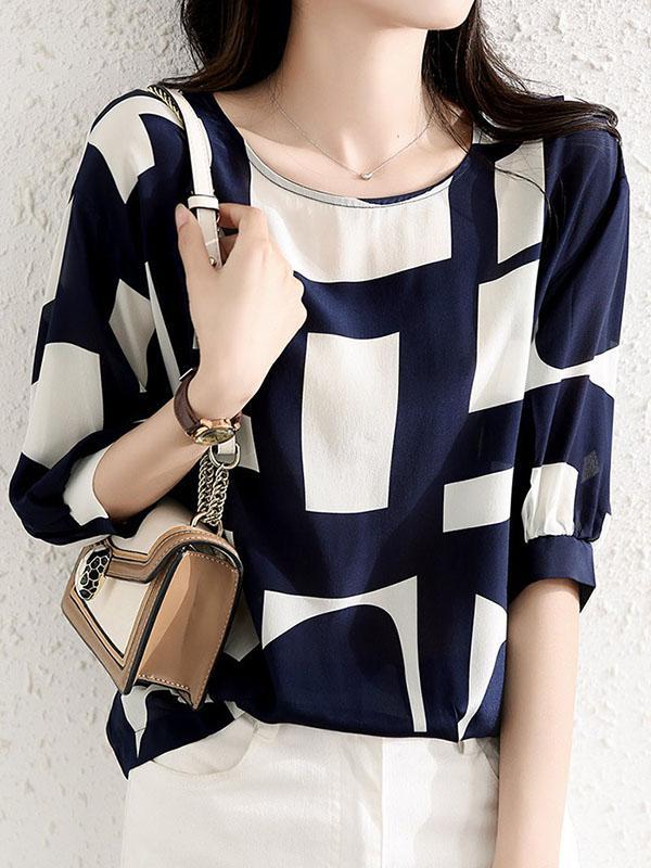 Loose Three-Quarter Sleeves Printed Split-Joint Round-Neck Blouses&Shirts Tops Product Image