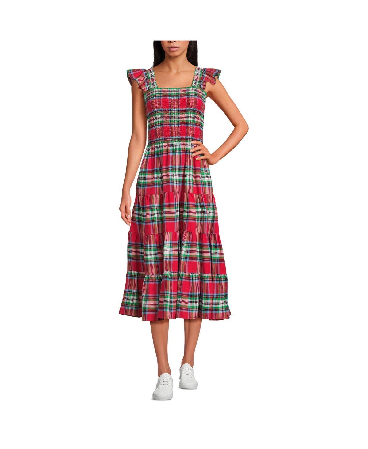 Lands End Womens Drapey Flannel Smocked Midi Dress with Ruffle Strap product image