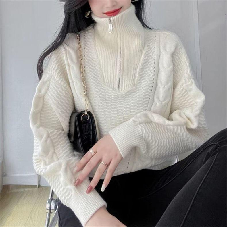 Turtleneck Half Zip Plain Cable Knit Sweater Product Image