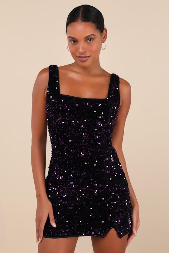 Seeing Sparkles Dark Purple Velvet Sequin Square Neck Mini Dress Product Image